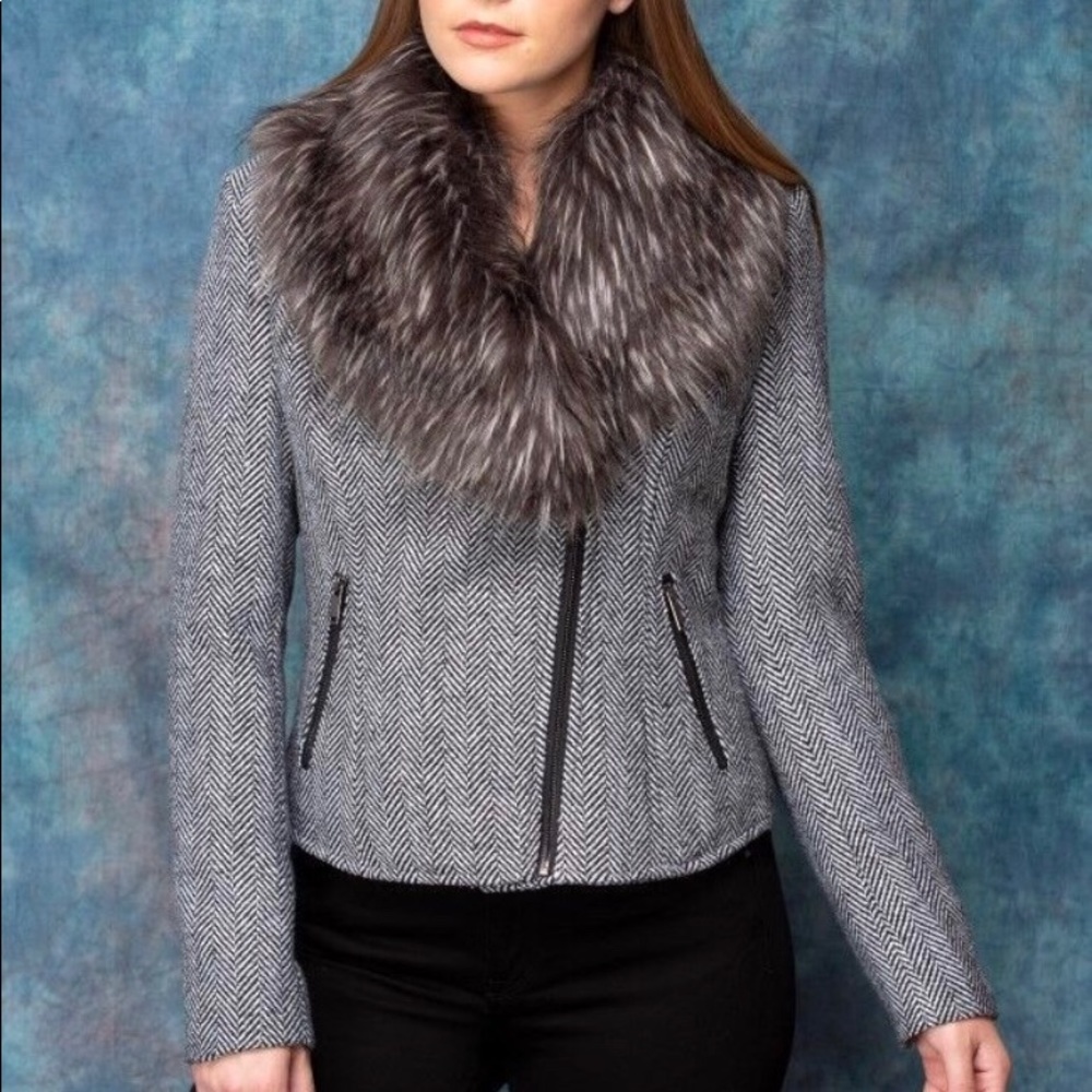 Houndstooth Faux Fur Collar Short Peacoat
